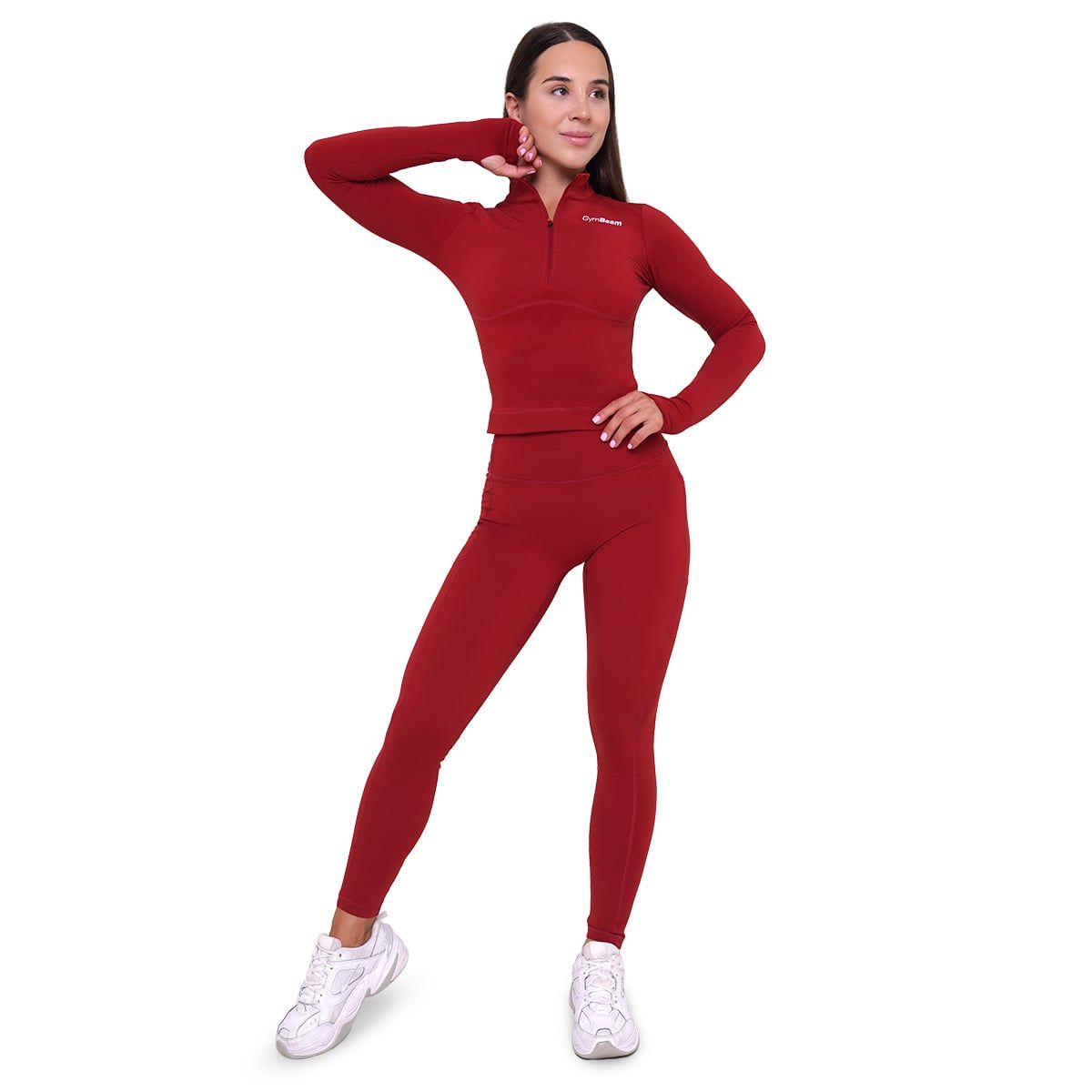 GymBeam Sport-Top Damen Ignite körpernah mit Kragen und Langarm in Dunkelrot