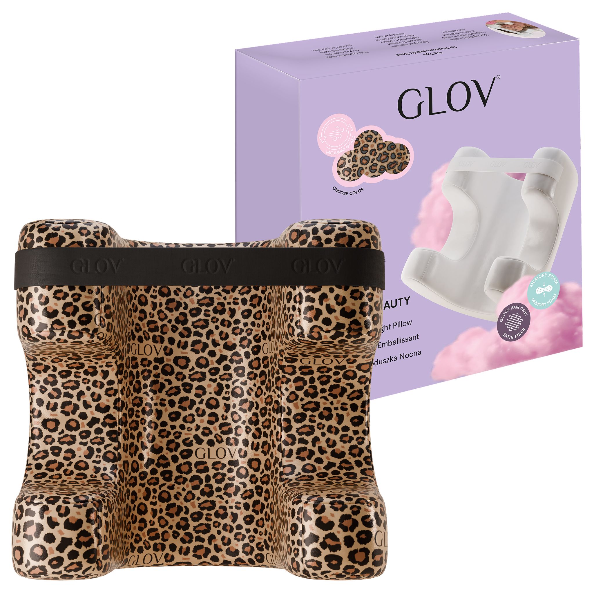 Leopard-Muster Kissen mit GLOV Logo und Verpackung.
