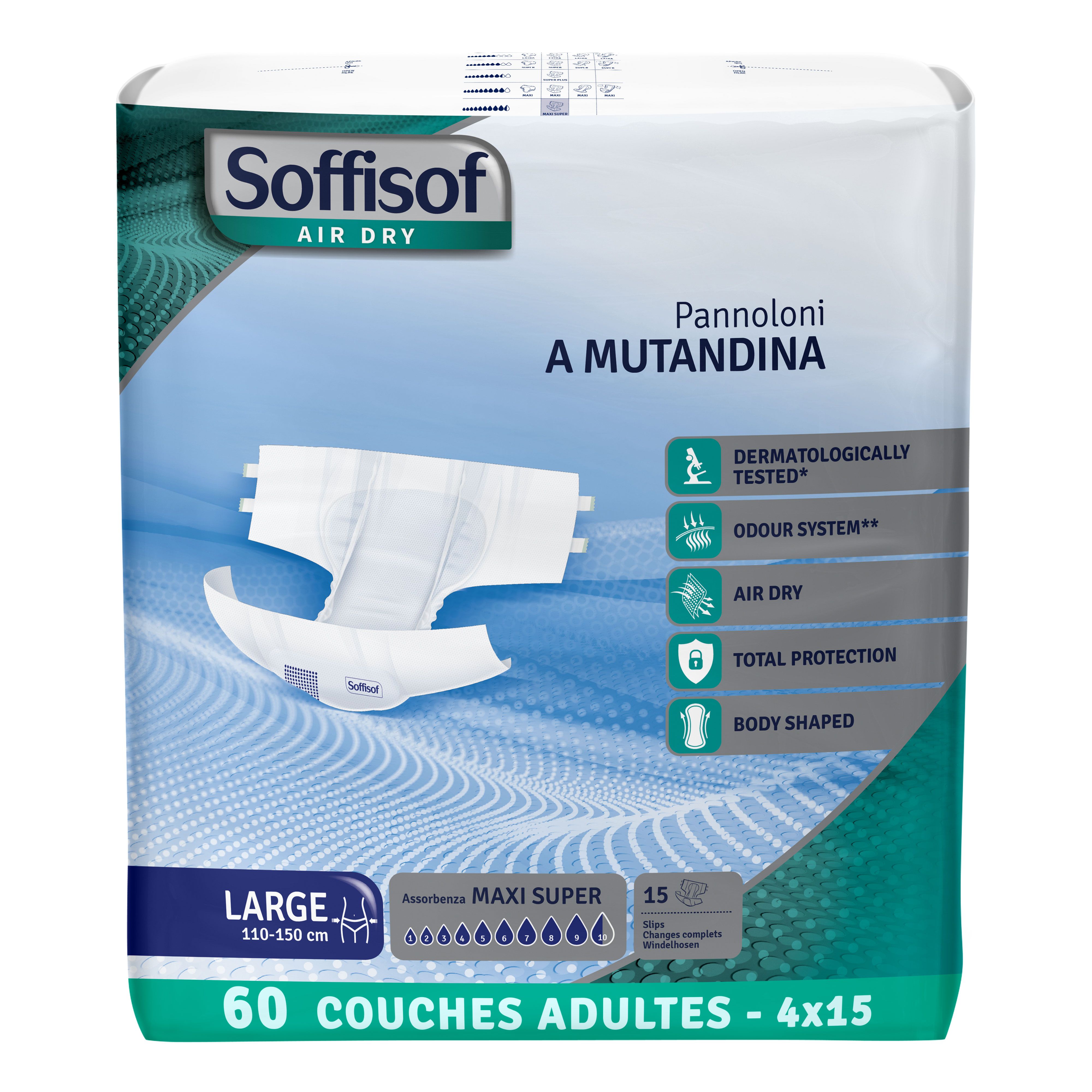 Paquet de couches Soffisof Air Dry Maxi Super pour adultes. Taille Large, 60 unités. Logos et informations produit visibles.
