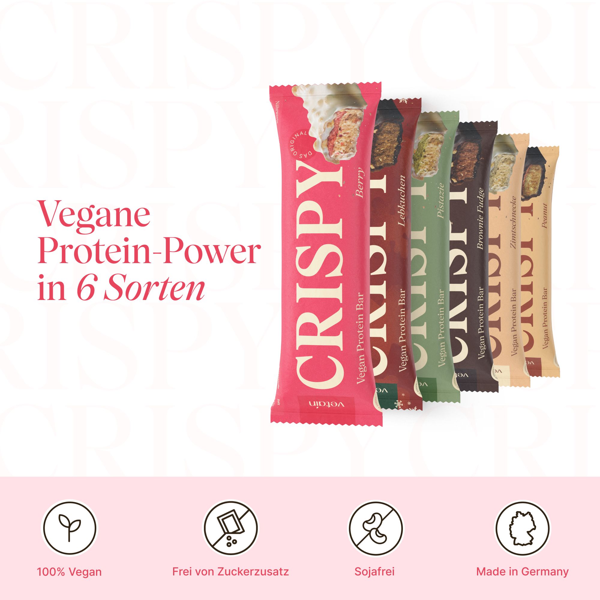 Sechs Proteinriegel in verschiedenen Geschmacksrichtungen. Riegel mit der Aufschrift "CRISPY". Vegan, zuckerfrei, sojafrei, hergestellt in Deutschland.