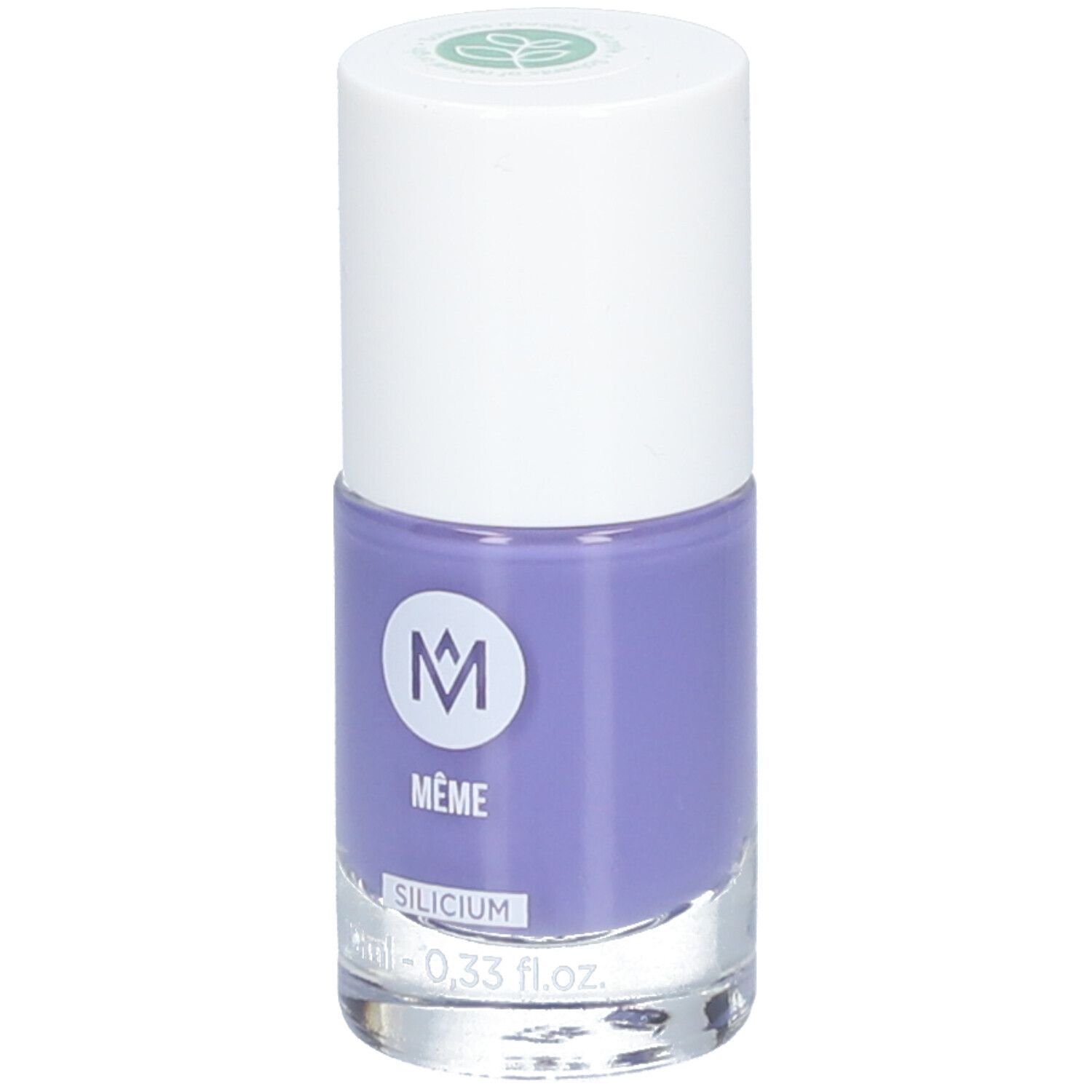 Nagellackflasche, pervanche-blaue Farbe. Weißer Deckel. Logo 'MÊME' und 'SILICIUM' sichtbar.