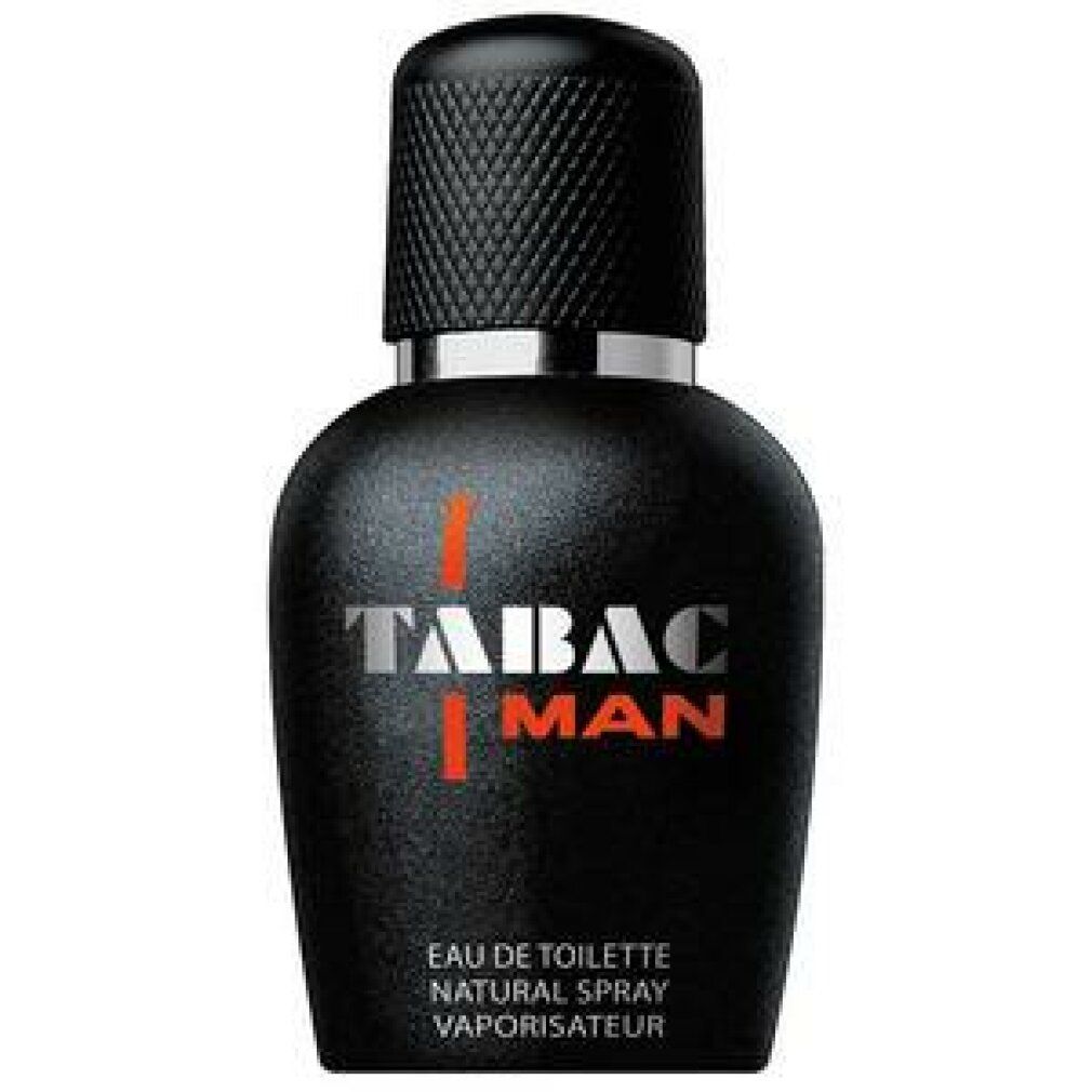 Schwarze Flasche mit silbernem Deckel. Aufschrift: TABAC MAN. Eau de Toilette Natural Spray.