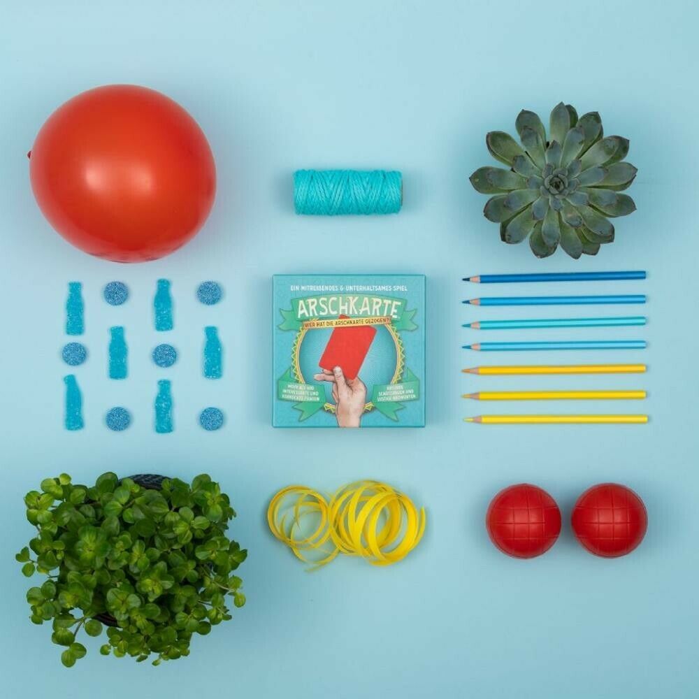 Draufsicht: Spielbox "Arschkarte" mit roter Karte, umgeben von Gegenständen: Stifte, Ballons, Pflanzen.