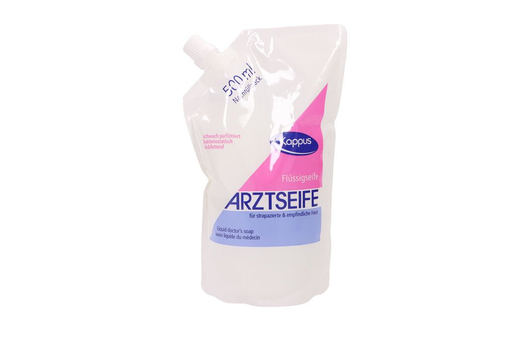 Nachfüllbeutel Arztseife, weiß, mit rosa und blauer Beschriftung. "Arztseife" Schriftzug. 500ml Angabe.