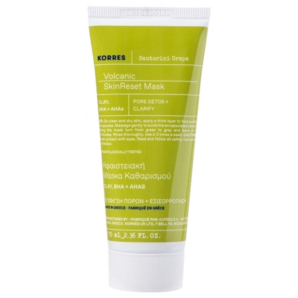 Grüne Tube mit weißem Deckel. KORRES Santorini Grape Volcanic SkinReset Maske. Text.