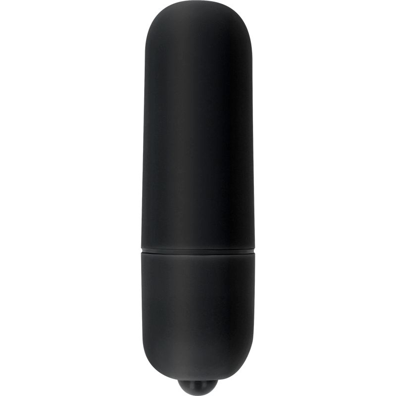Schwarzer, zylindrischer Vibrator mit abgerundeten Enden. Kleiner Knopf am unteren Ende.