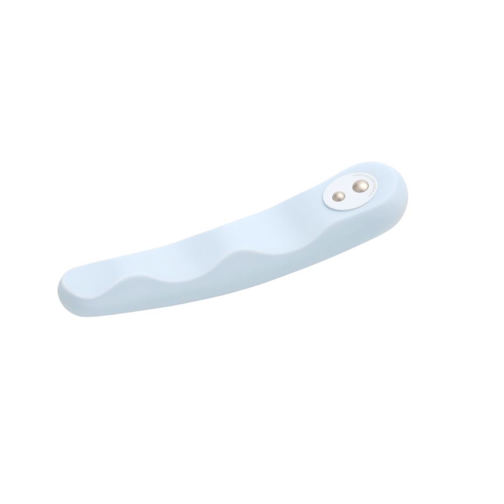 Hellblauer, geschwungener Vibrator mit zwei Knöpfen. Oberseite mit wellenförmiger Struktur.
