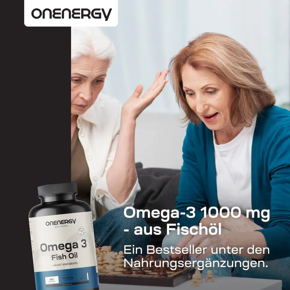 Frauen spielen Schach, daneben Flasche mit Omega-3 Fischöl Kapseln. Text: Omega-3 1000 mg - aus Fischöl. Ein Bestseller.