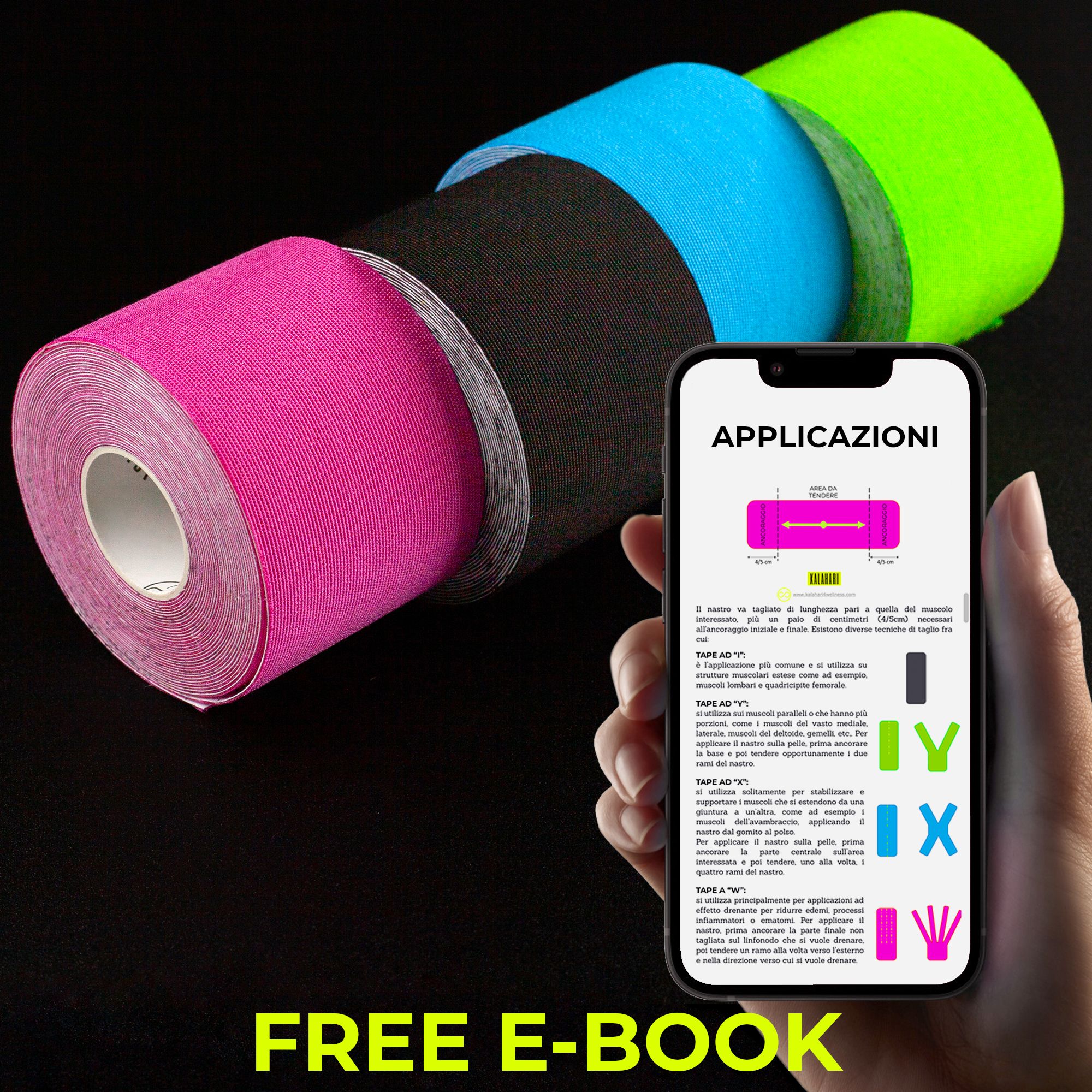 Vier Rollen Kinesiologie-Tape in Pink, Schwarz, Blau und Grün.