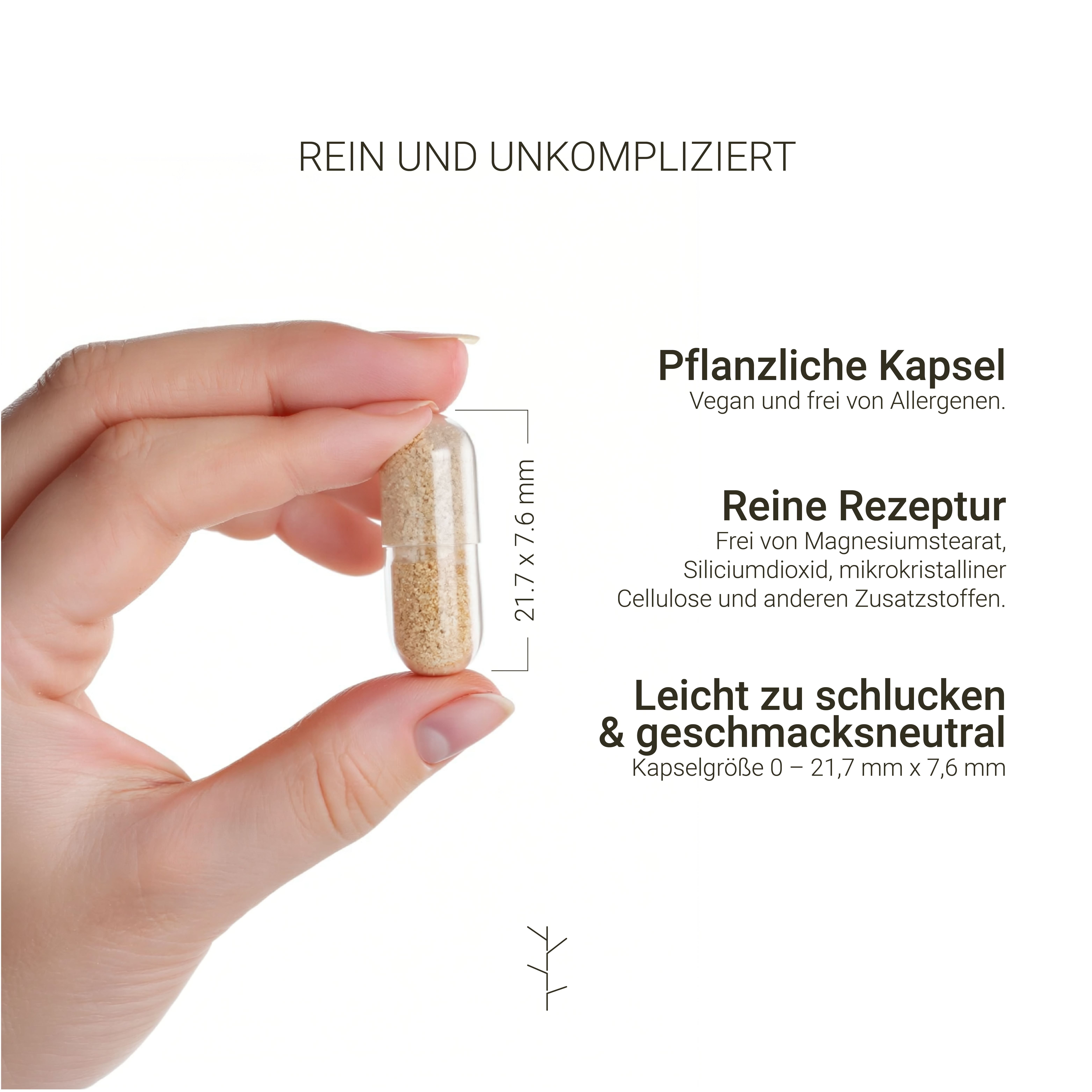 Kapsel in der Hand. Text: Pflanzliche Kapsel. Reine Rezeptur. Leicht zu schlucken.