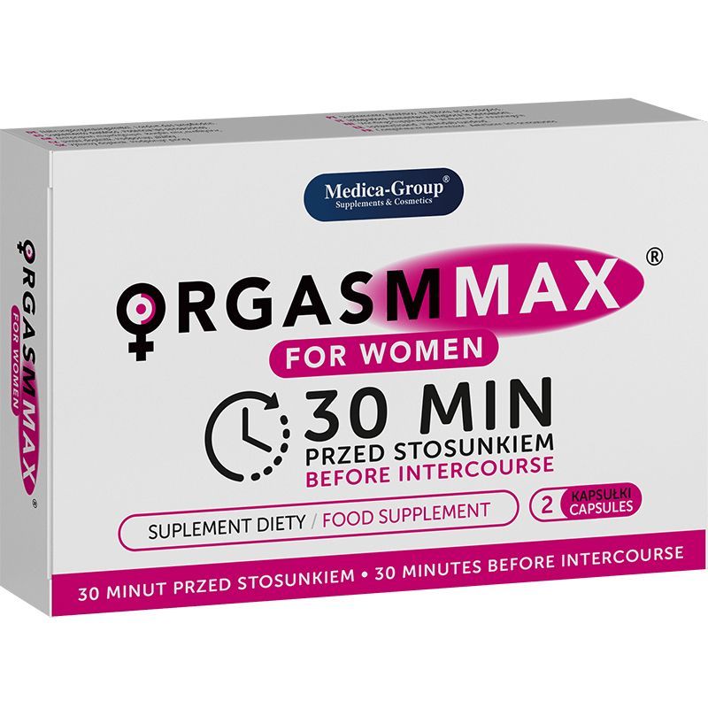 Orgasm Max For Women Kapseln-Verpackung. Weiß, rosa und schwarze Schrift. Enthält 2 Kapseln. Medica-Group Logo.
