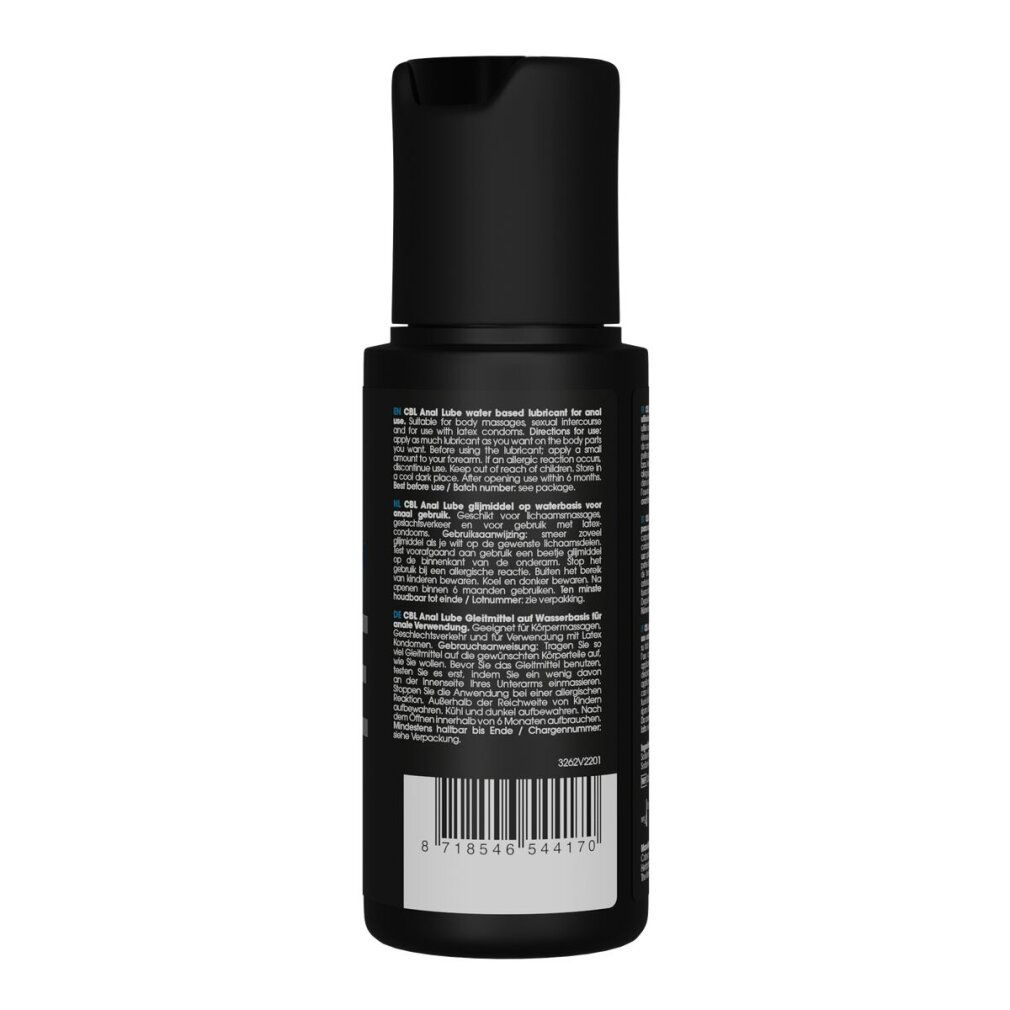 Rückseite einer schwarzen Flasche. Text: "Anal Lube water based lubricant for anal sex". Barcode und weitere Informationen.