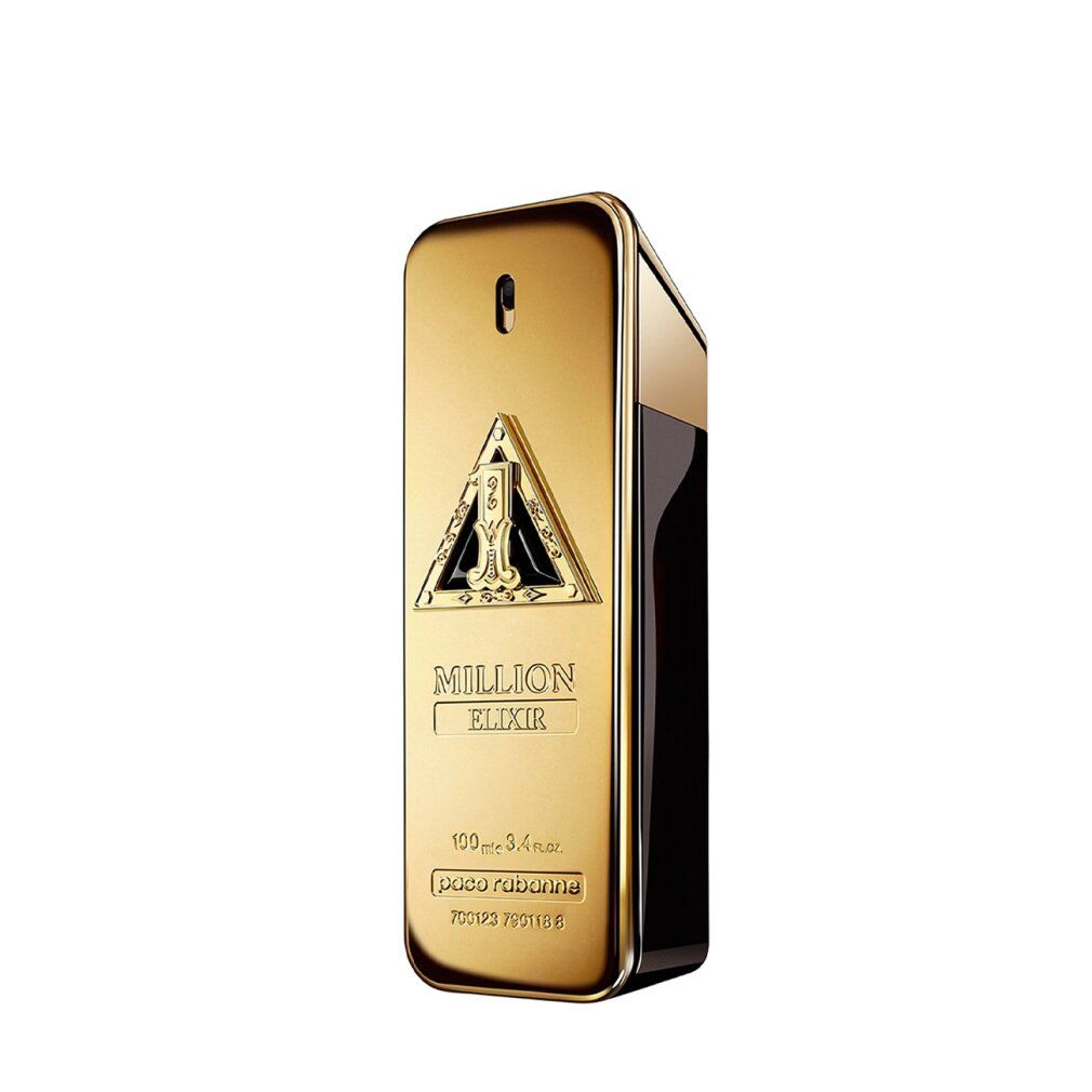 Goldfarbener Flakon mit schwarzer Seite. Aufschrift: Million Elixir. Logo mit Zahl 1.