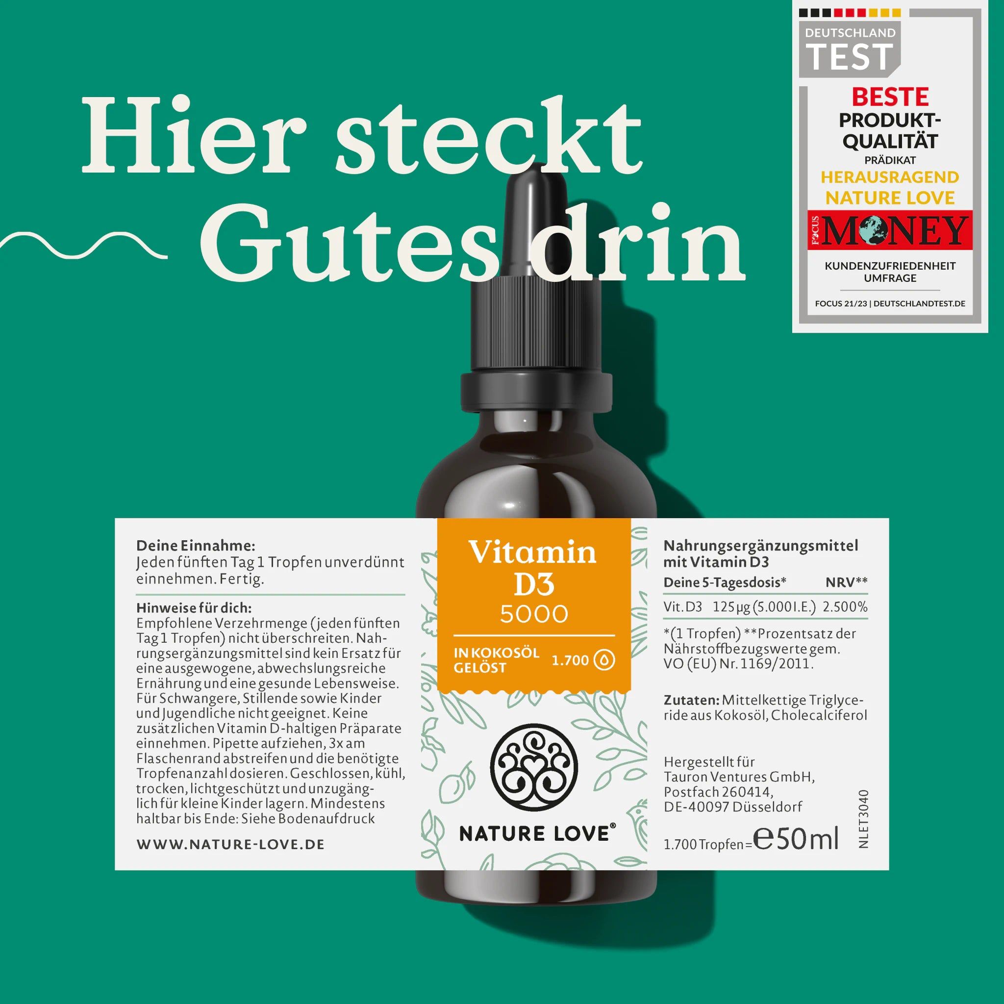 Braune Flasche mit schwarzem Tropfer. Etikett mit "Vitamin D3 5000" und "NATURE LOVE®" Logo. Text: "Hier steckt Gutes drin".