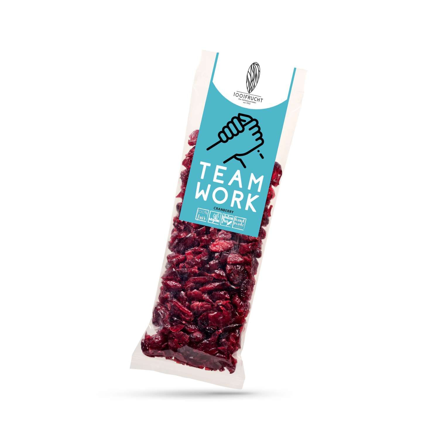 Beutel mit getrockneten Cranberries. Aufschrift "TEAM WORK" auf blauem Feld. Logo "1001 Frucht".