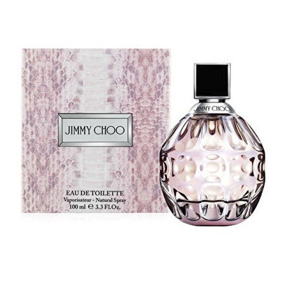 Flakon und Verpackung. Flakon rund, strukturiert, schwarzer Deckel. Verpackung mit Schlangenmuster. Aufschrift: JIMMY CHOO, EAU DE TOILETTE.