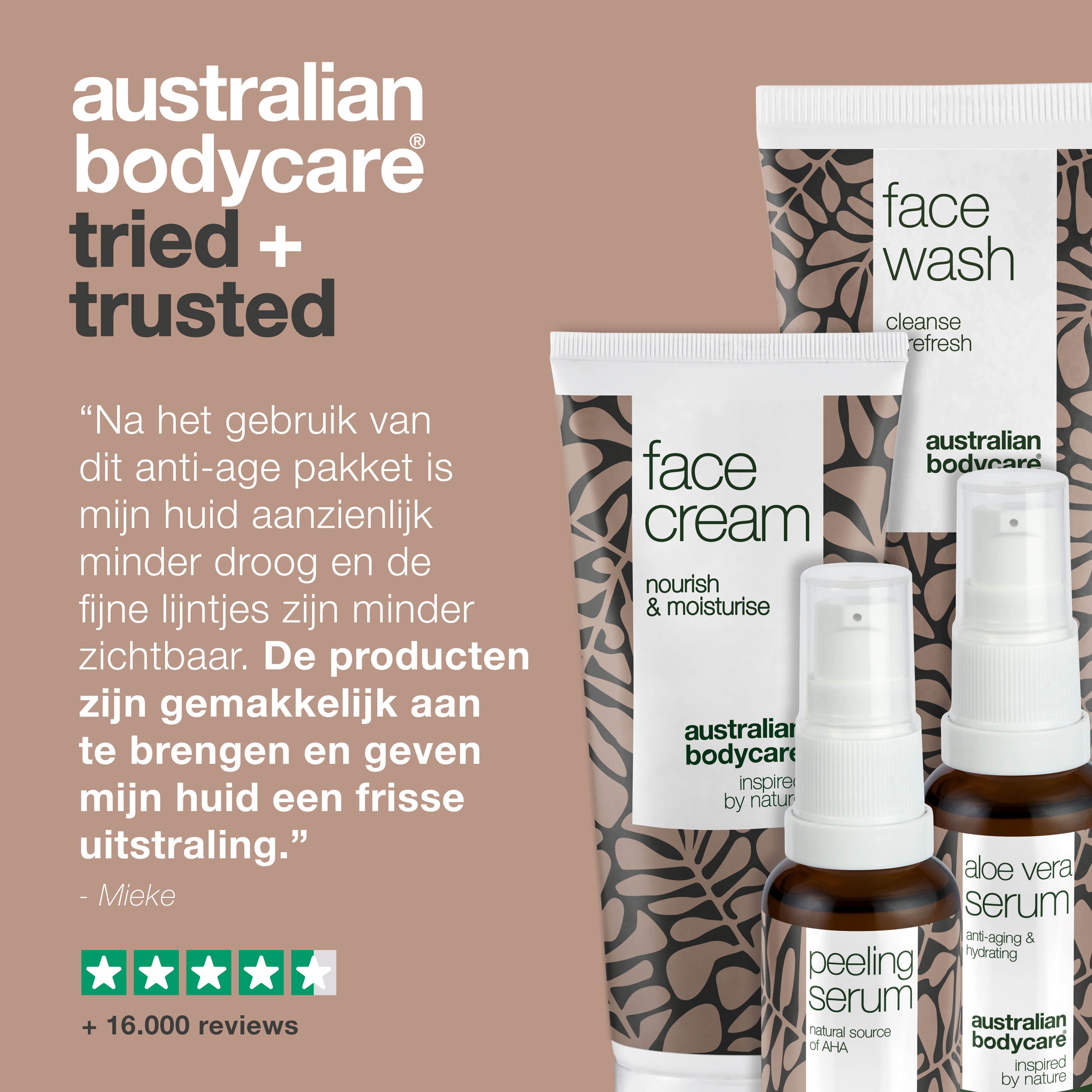 Australian Bodycare producten: Face Wash, Face Cream, Peeling Serum, Aloe Vera Serum. Tekst: +16.000 beoordelingen.