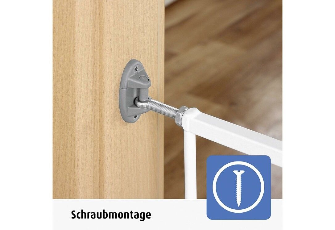 Schraubmontage-Detail.  Graues Befestigungselement an Holztür.  Weißes Metallgitter.