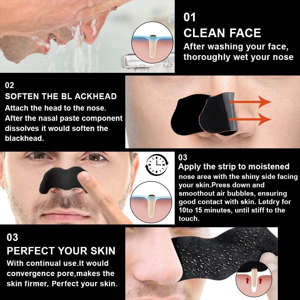 Anleitung zur Verwendung von Nasenstreifen. Schritte: Reinigen, erweichen, auftragen und perfektionieren der Haut.