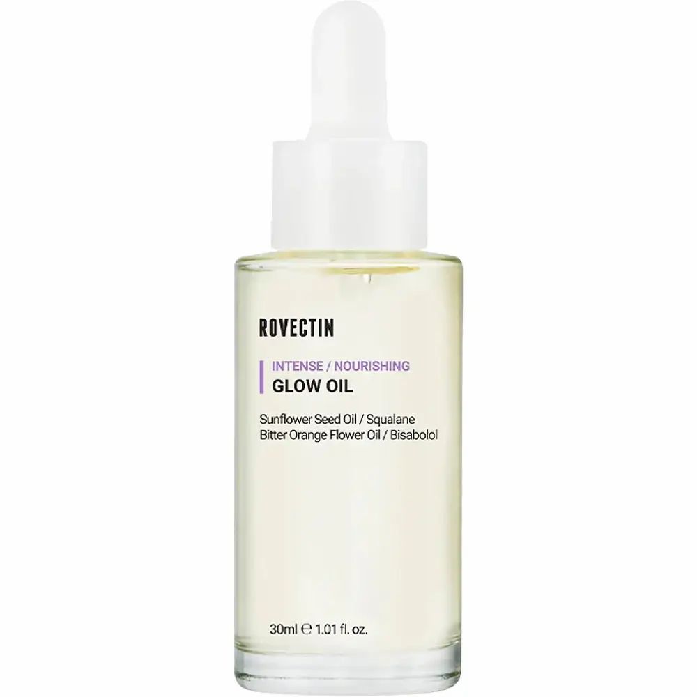 Gesichtsölflasche mit Pipette. ROVECTIN Intense Glow Oil, Inhaltsstoffe: Sonnenblumenöl, Squalan, Bitterorangenblütenöl, Bisabolol.