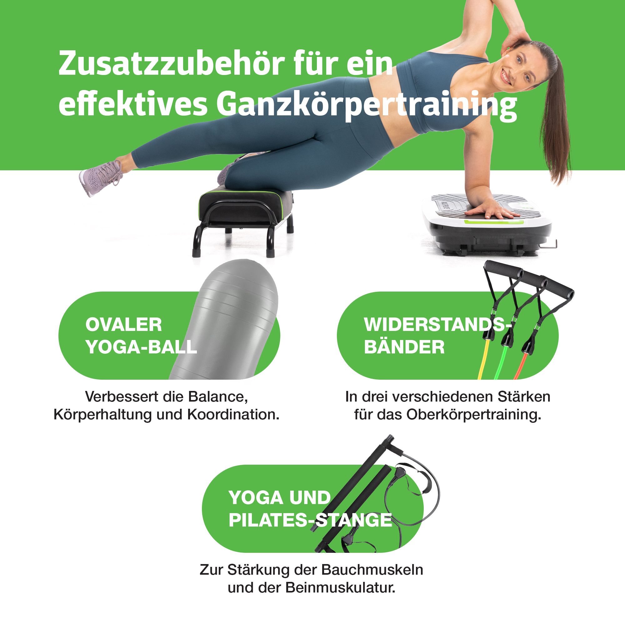 Zubehör für Ganzkörpertraining: Yoga-Ball, Widerstandsbänder, Yoga-Stange. Text: Ovaler Yoga-Ball, Widerstandsbänder, Yoga-Stange.
