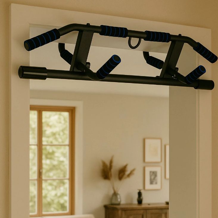 Schwarze Klimmzugstange mit blauen Griffen, an einem Türrahmen befestigt. Der Hintergrund ist ein Raum.