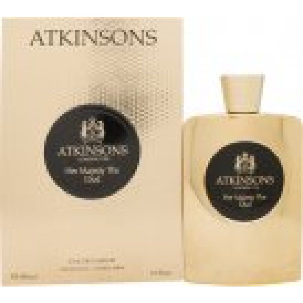 Goldfarbener Flakon und Verpackung mit schwarzem Etikett und Markenlogo. Text: Atkinsons, Her Majesty The Oud.