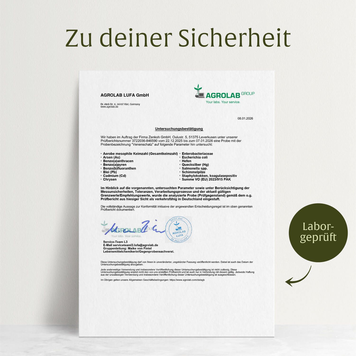 Laborbericht von AGROLAB LUFA GmbH für NATURTREU Venen schatz, mit Siegel 'Labor-geprüft'.