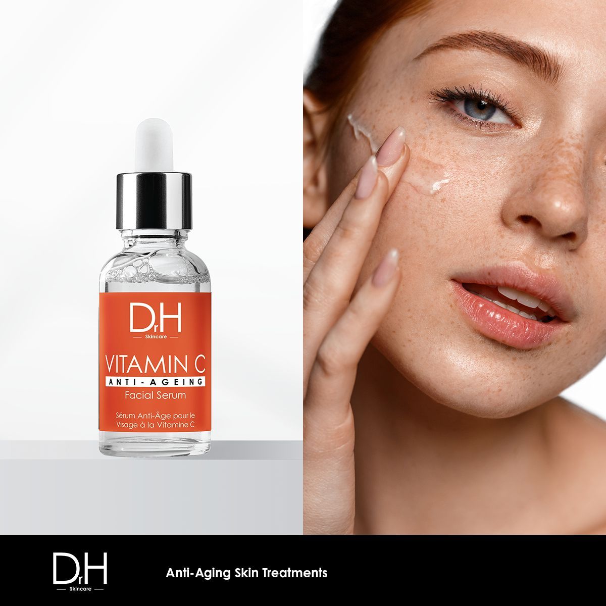 Produktflasche mit Pipette und Gesicht einer Frau. Frau trägt Serum auf. Text: Vitamin C Anti-Ageing Facial Serum.