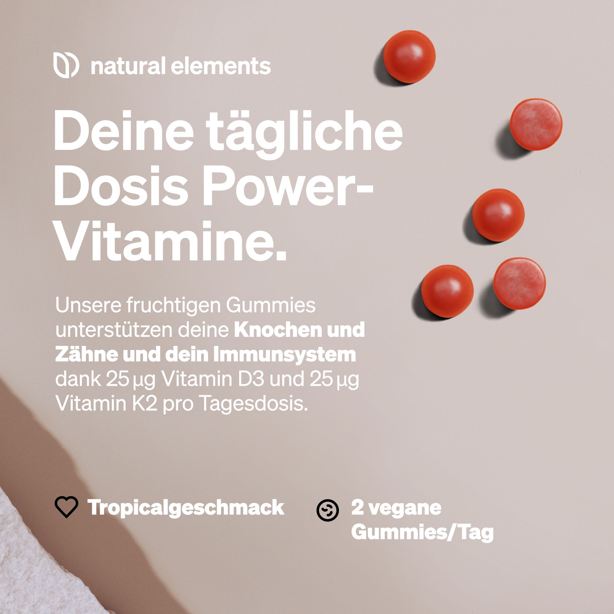 natural elements Vitamin D3/K2 – 120 Gummies – 1.000I.E. D3/Tag – Tropical – Markenrohstoff K2VITAL®