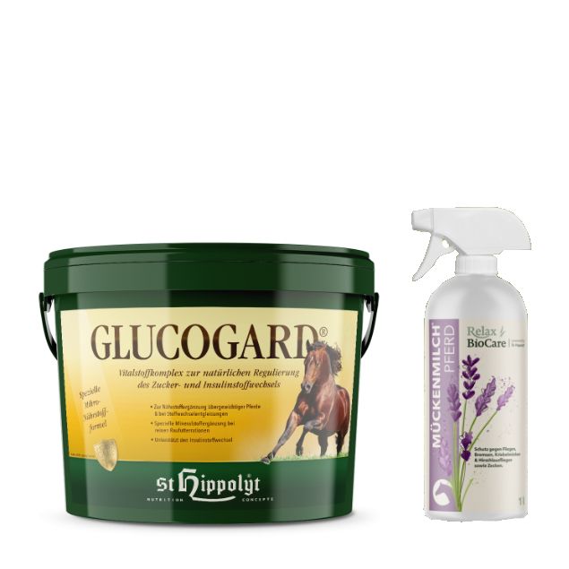Grüner Eimer mit Aufschrift GLUCOGARD und braunem Pferd. Daneben eine Sprühflasche mit Relax + BioCare Mückenmilch für Pferde.