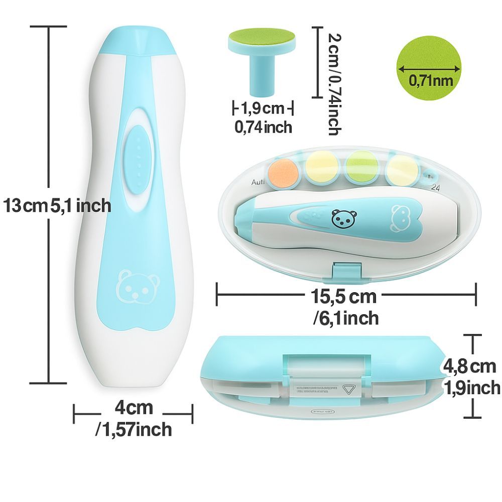Baby-Nagelpflegeset mit elektrischer Feile. Abmessungen: 13x4 cm. Enthält Aufsätze und Etui. Maße auf dem Bild angegeben.