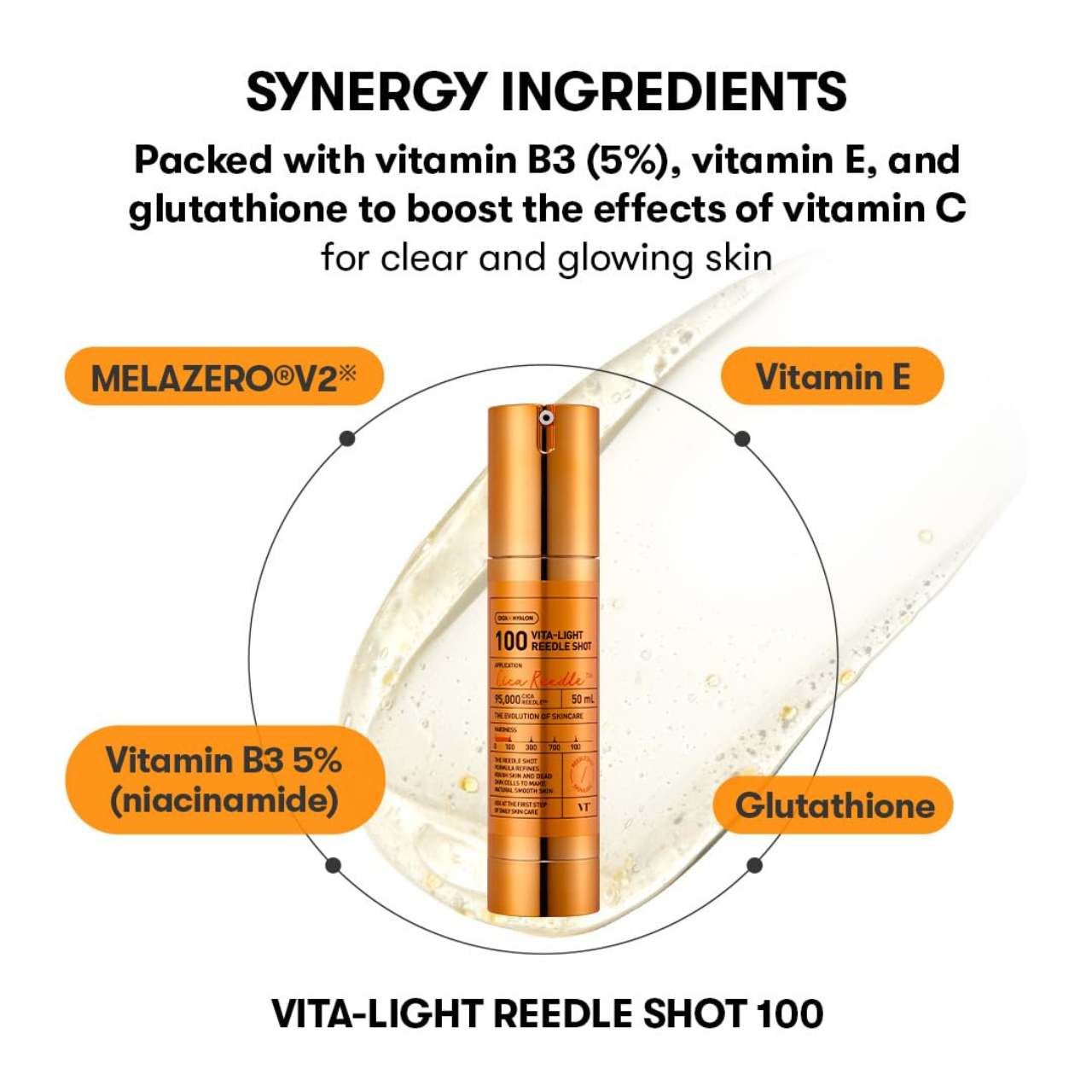 Inhaltsstoffe: Vitamin B3, Vitamin E, Glutathion. Goldfarbene Flasche "VITA-LIGHT REEDLE SHOT 100".