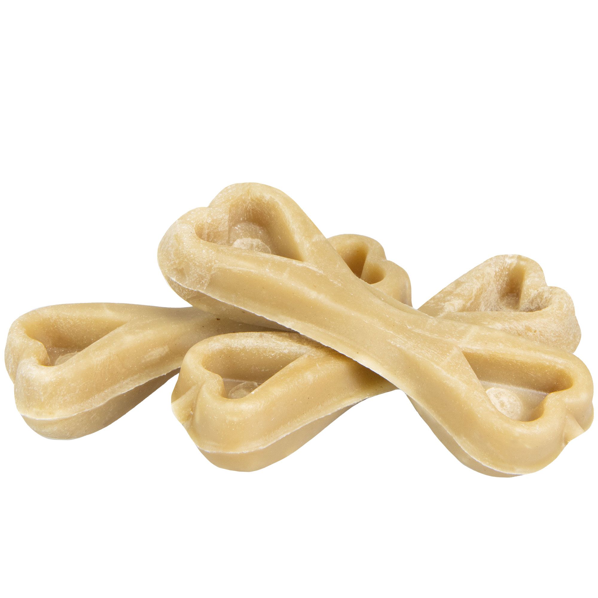 Vier beige Knochen in Herzform liegen auf weißem Hintergrund.