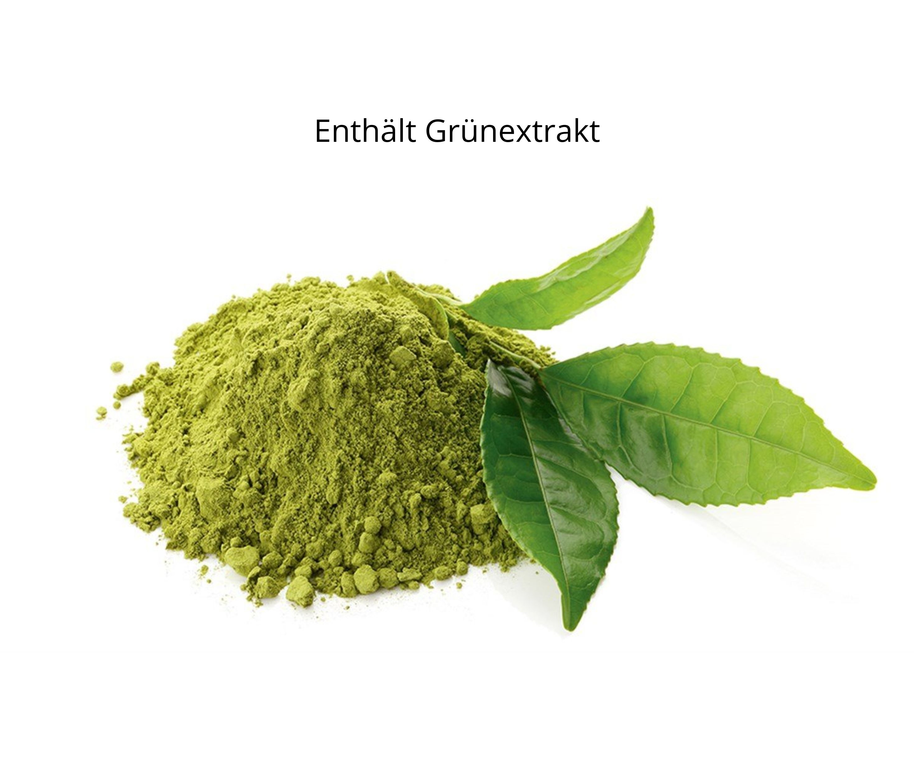 Haufen grünes Pulver mit grünen Blättern. Text: Enthält Grünextrakt.