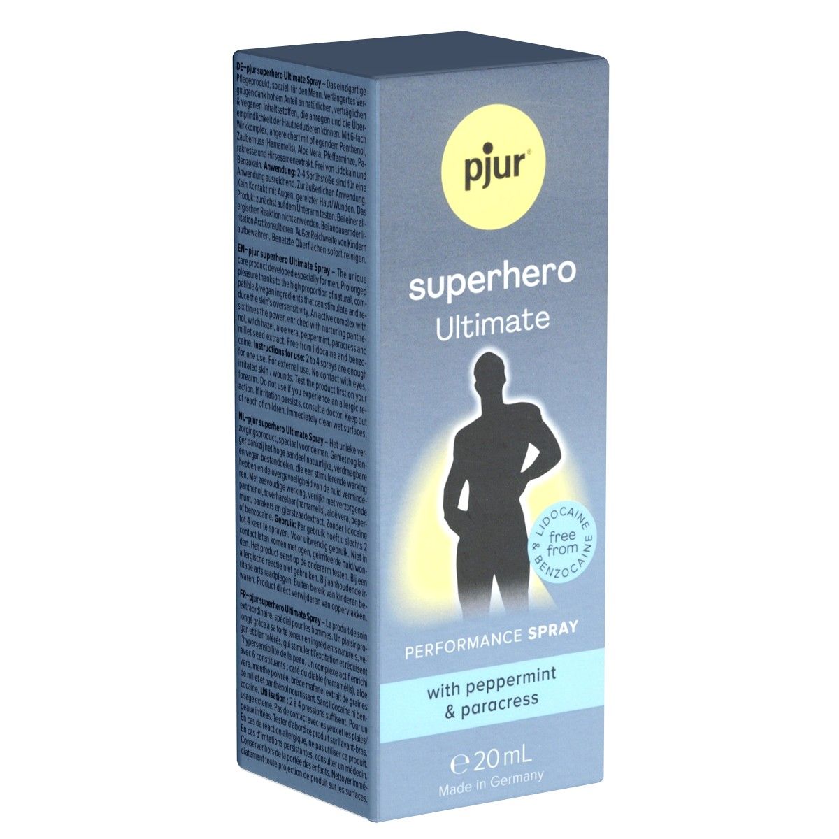 Karton mit Produktinformationen. Aufschrift: pjur, superhero Ultimate, Performance Spray, mit Pfefferminze & Paracress. Enthält 20ml.
