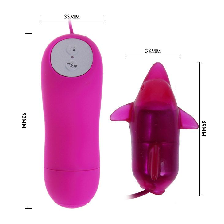 Rosa Vibrator mit Fernbedienung. Der Vibrator hat eine Delfinform. Die Fernbedienung hat einen Ein-/Ausschalter und eine Nummer 12. Maße sind angegeben.