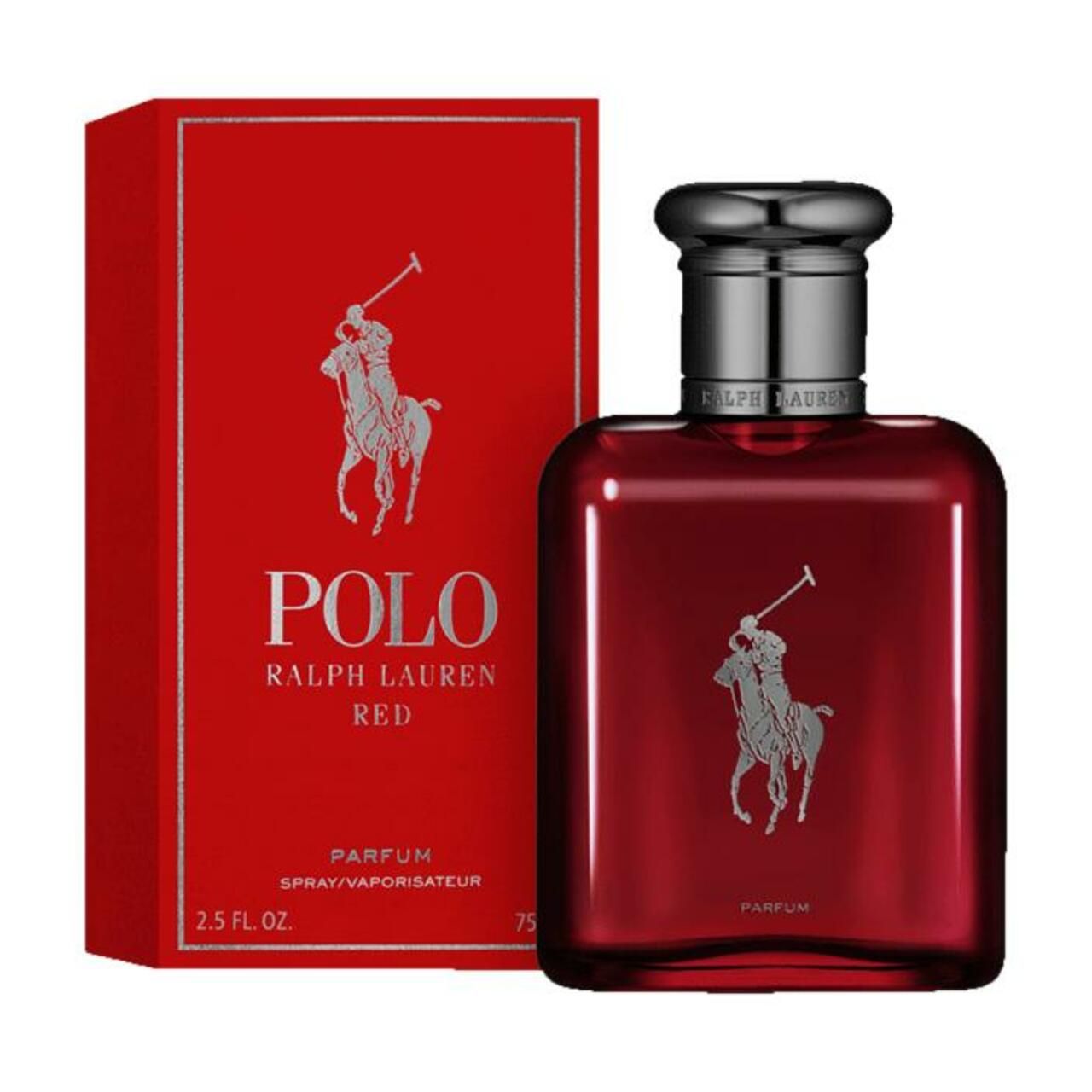 Roter Flakon und Verpackung. Logo und Schriftzug POLO RALPH LAUREN RED. Aufschrift PARFUM.