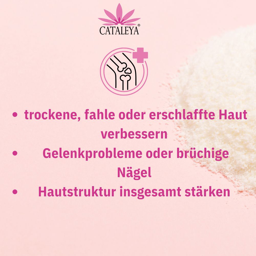 Werbebild für CATALEYA Collagen. Text hebt die Vorteile von Collagen hervor, wie die Verbesserung trockener Haut, die Unterstützung von Gelenkproblemen und die Stärkung der Hautstruktur. Ein Logo mit Knochen und einem Kreuz ist ebenfalls zu sehen.