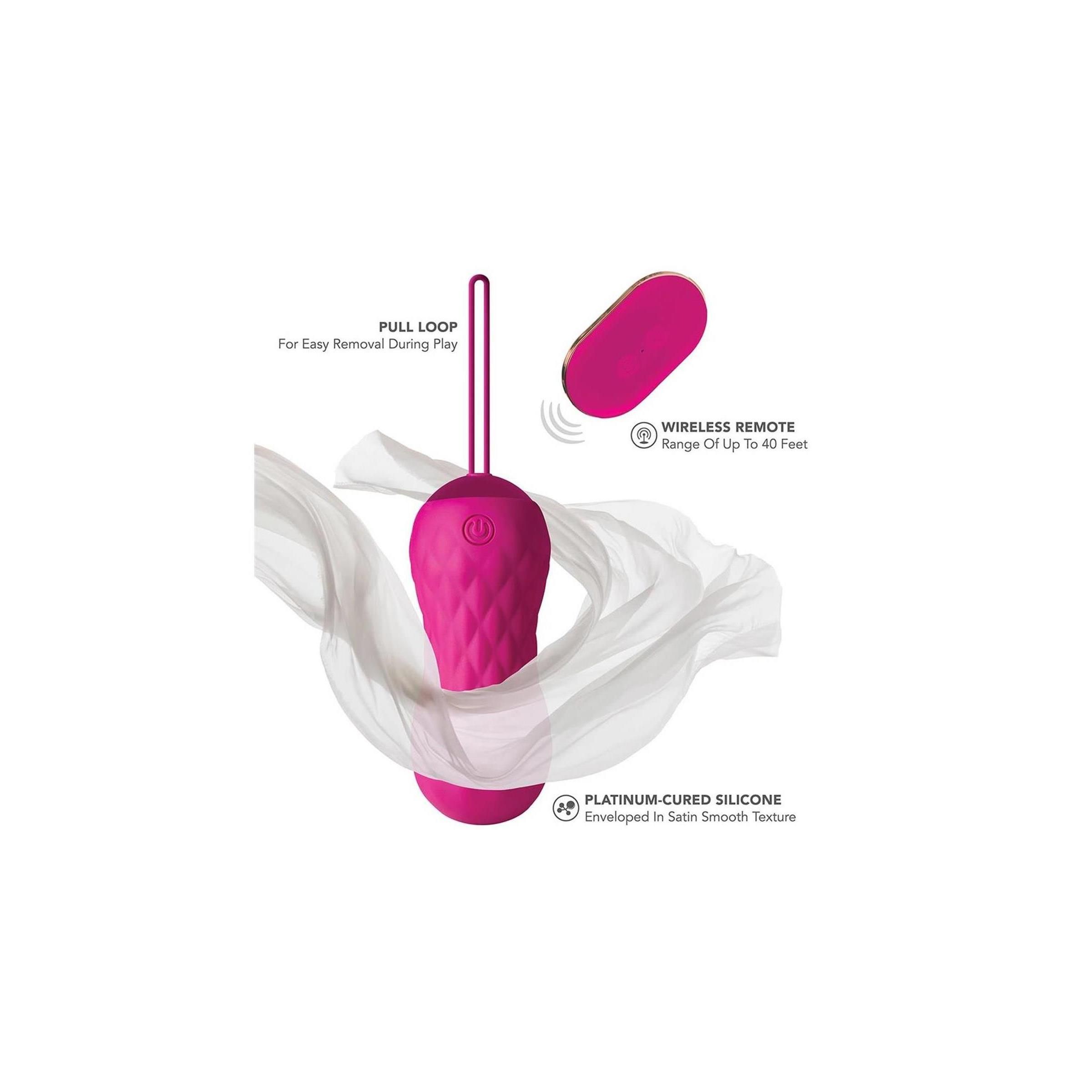 Rosa Vibrator mit Zugschlaufe und Fernbedienung. Text: „Platinum-gehärtetes Silikon“. „Kabellose Fernbedienung“. „Zum einfachen Entfernen während des Spiels“.