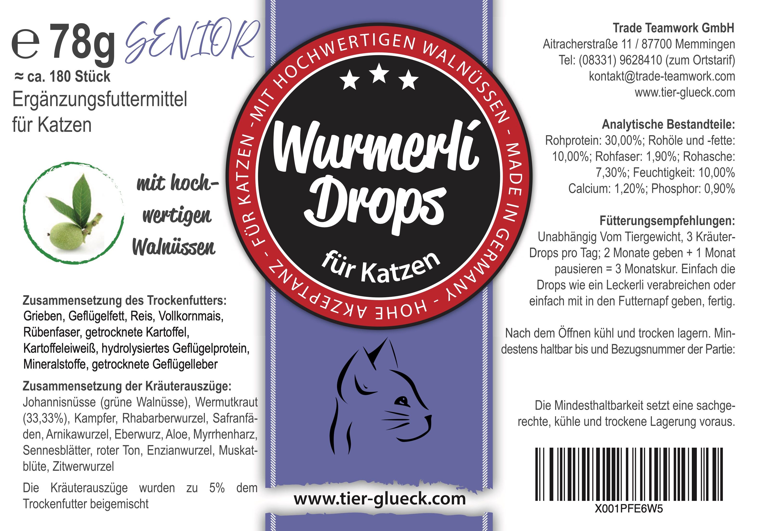Etikett mit Produktinformationen. Text: 'Wurmerli Drops für Katzen', 'Senior'. Zutatenliste, Nährwertangaben, Herstelleradresse.
