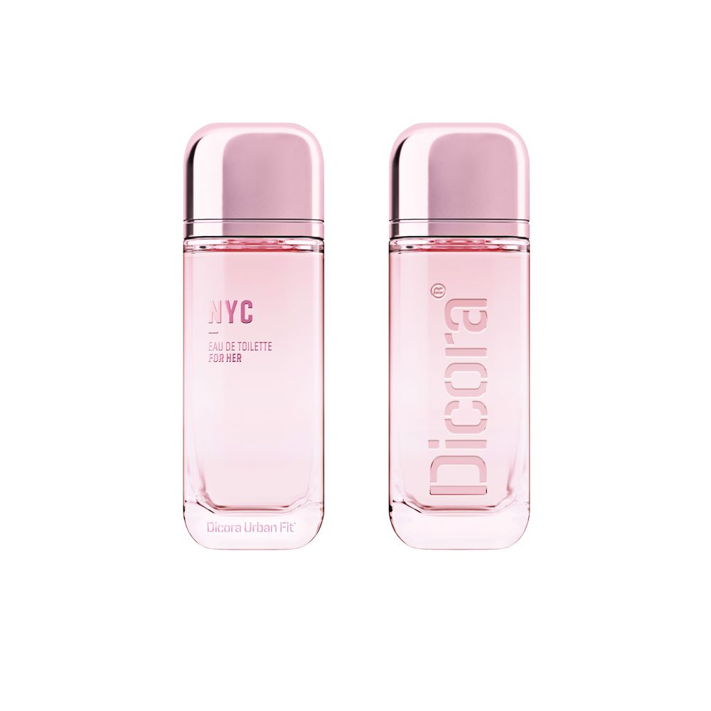 Zwei Flakons Eau de Toilette. Rosa Flüssigkeit in rechteckigen Glasflaschen mit rosa Kappe. Aufschrift: NYC, Eau de Toilette, For Her, Dicora Urban Fit.