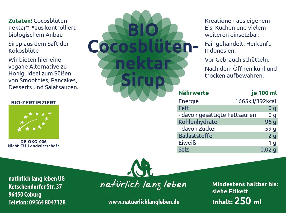 natürlich lang leben BIO Cocosblüten Nektar Sirup 250 ml Saft