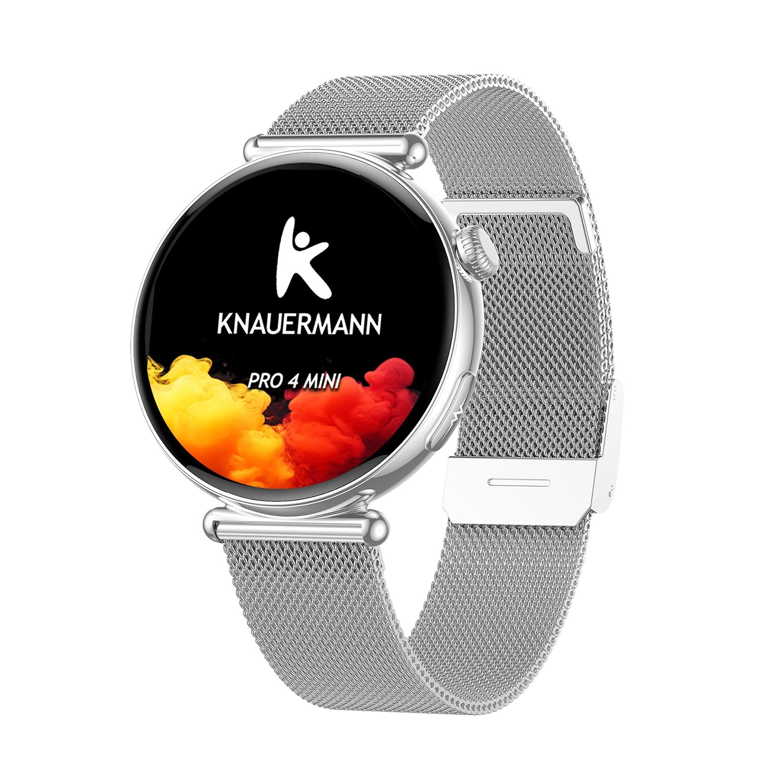 Smartwatch mit rundem Display und silbernem Metallarmband. Auf dem Display: Logo und Schriftzug Knauermann Pro 4 Mini.