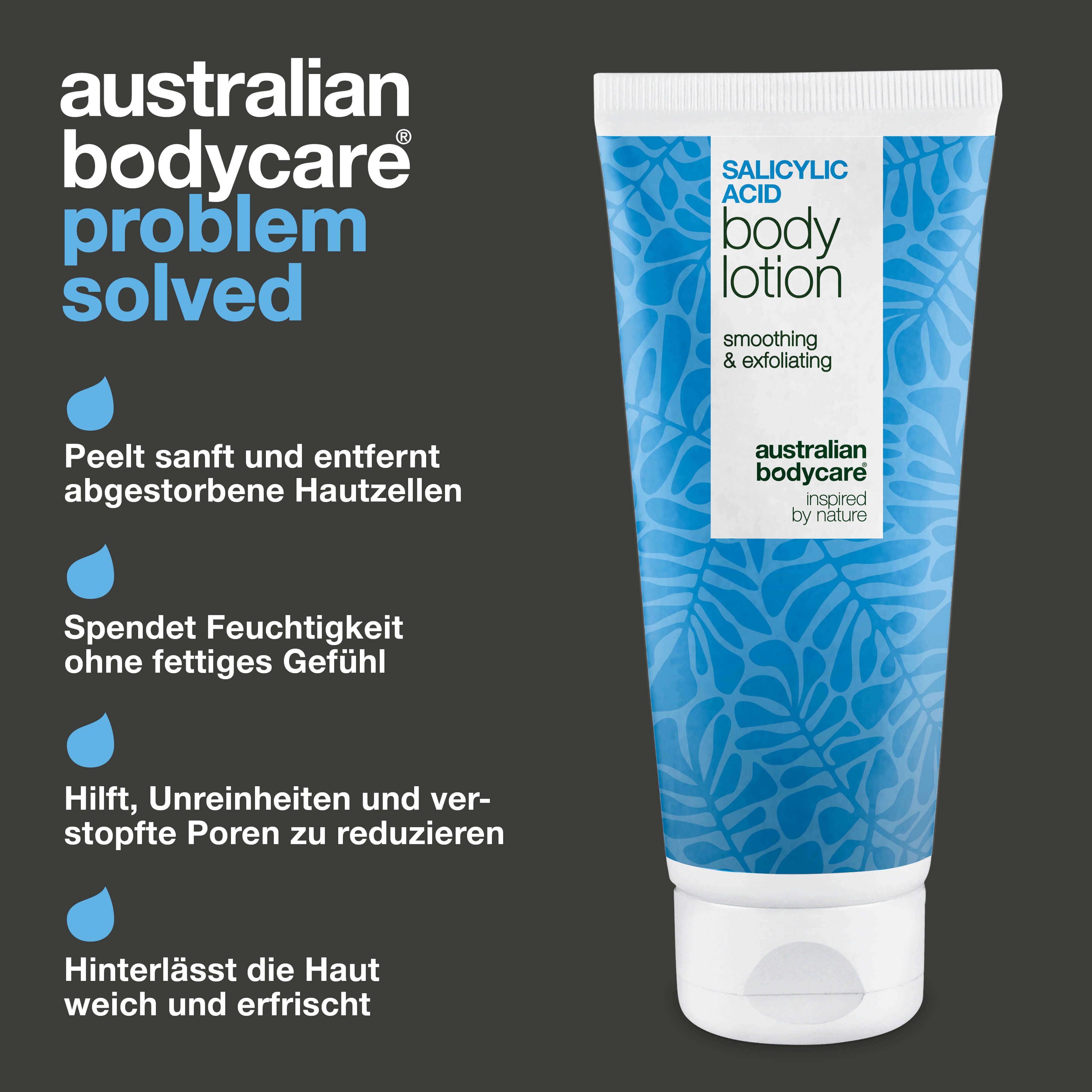 Tube: Salicylic Acid Body Lotion, Australian Bodycare. Text: Problem gelöst. Exfoliert, hydratisiert, reduziert Unreinheiten.