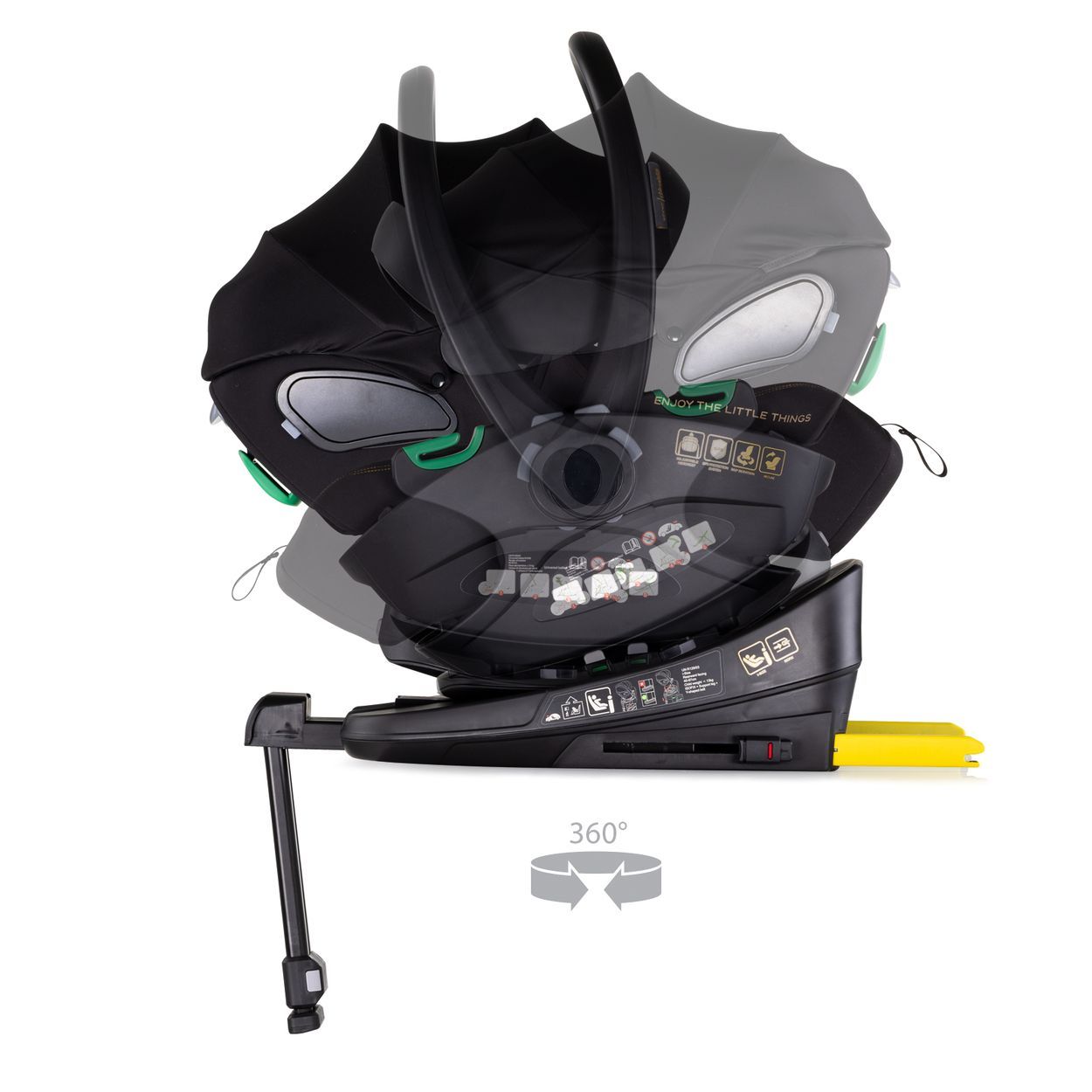 Baby-Autositz mit verstellbarem Verdeck und gepolsterten Gurten.