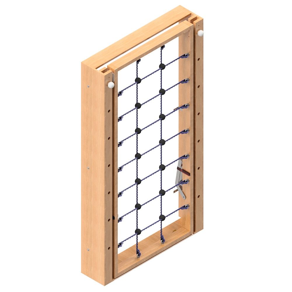 Kletterwand aus Holz mit Kletternetz. Holzrahmen mit dunkelblauem Netz. Metallgriff und Scharniere.