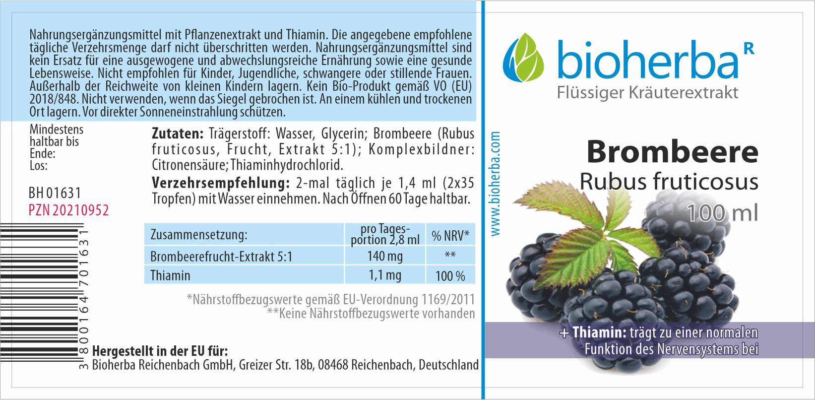 Etikett mit Produktinformationen und Markenlogo. Produktname: Brombeere. Illustration von Brombeeren. Text: "Flüssiger Kräuterextrakt".