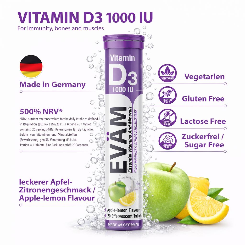 EVÄM Vitamin D3 Brausetabletten, Apfel-Zitronen-Geschmack. Vegetarisch, glutenfrei, laktosefrei, zuckerfrei. Made in Germany.