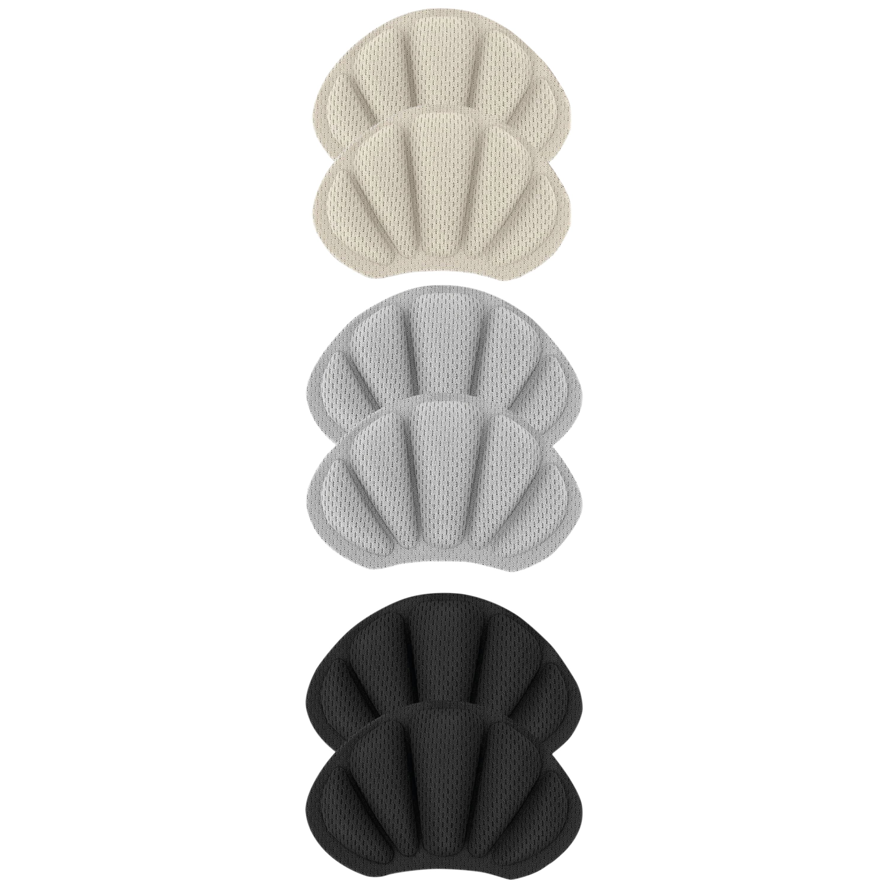 Drei Paar Fersenpolster in Beige, Grau und Schwarz. Die Polster sind halbmondförmig und haben eine wabenartige Oberfläche.